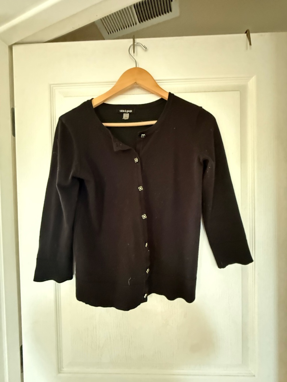 Cable & Gauge Black Sweater with Decorative Flower Button 3/4 sleeve